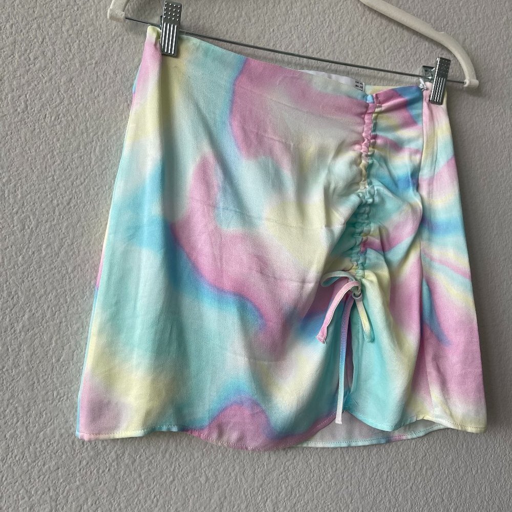 Bershka Multicolor Pastel Tie Dye Marble Ruched Side Zip Mini Skirt Size XS